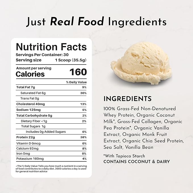 JUST INGREDIENTS French Vanilla Protein Powder – 30 Serving Bag – Grass-Fed Whey &amp Plant Protein Blend with Real Vanilla Bean – Sweetened with Coconut Sugar &amp Monk Fruit Non-GMO Gluten-Free