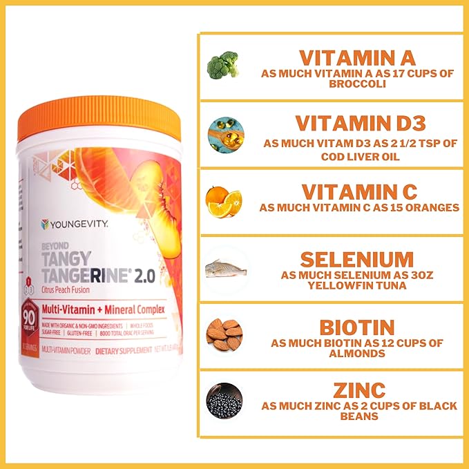 Youngevity Beyond Tangy Tangerine 2.0 Citrus Peach Ultimate Multi-Vitamin &amp Mineral Complex - Made with Natural &amp Whole Foods | 8000 ORAC | 2 Canisters