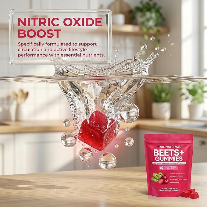 Beets+ Gummies - Beet Root Powder with Grape Seed Extract &amp Vitamin C Nitric Oxide Support Formula for Circulation &amp Cardiovascular Wellness Sugar-Free Dietary Supplement - 60 Gummies