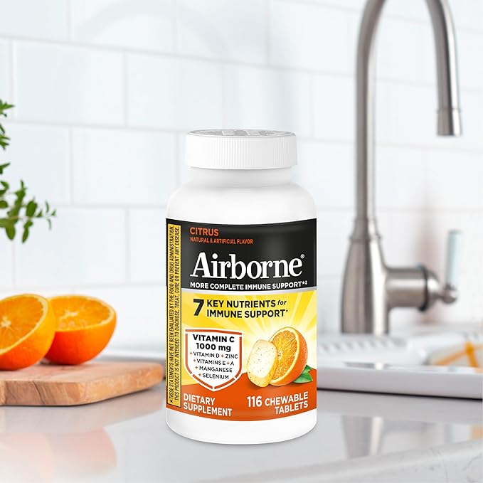 Airborne Vitamin C 1000mg (per Serving) - Citrus Chewable Tablets (116 Count in a Bottle) Gluten-Free Immune Support Supplement with Vitamins A C E Zinc Selenium Echinacea Ginger Antioxidants