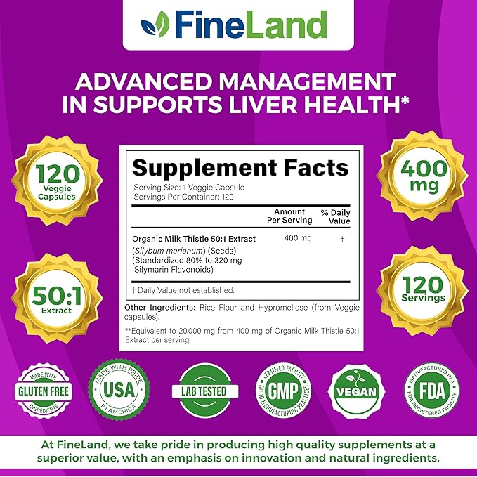 FineLand Milk Thistle Pills 50:1 Extract with 80% Silymarin Flavonoids – Liver &amp Antioxidant Support - 50X Concentrated Seed Extract -120 Vegan Capsules Non-GMO Made in USA