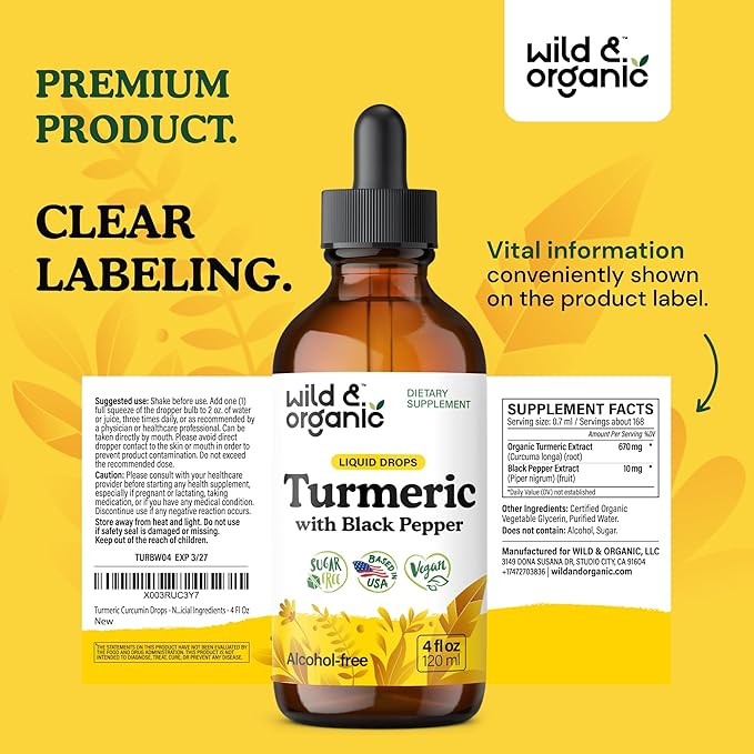 Wild &amp Organic Turmeric Supplement Liquid Drops - Movement &amp Immune Support - Liquid Turmeric with Black Pepper Extract - Add to Tea Tincture - Curcumin Supplements - Sugar &amp Alcohol-Free