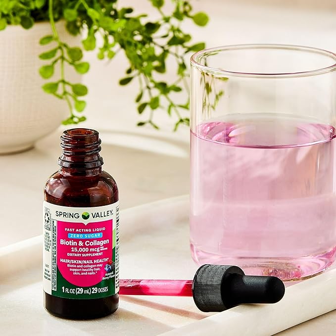 Liquid Biotin and Collagen 15000Mcg Natural Berry Flavor Drops for Hair Skin Nails - Spring Valley 1 fl oz (Pack of 2) - Set by Basket Goods