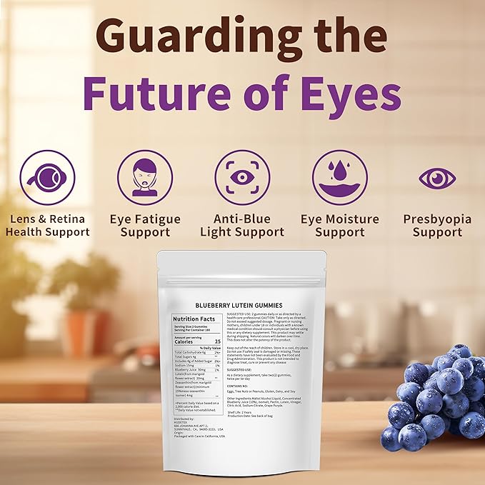 Blueberry Lutein Eye Vitamins Gummies with 180 Count - 3 Month Supply Vegan Eye Health Supplement for Kids and Adult Lutein Gummies for Vision Clarity and Blue Light Support