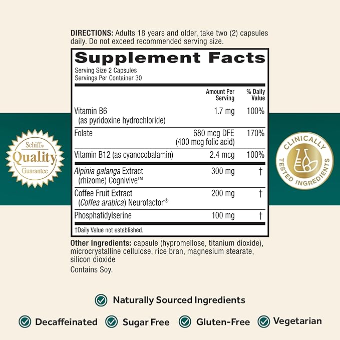 NEURIVA Ultra Decaffeinated Clinically Tested Nootropic Brain Supplement for Mental Alertness Memory Focus &amp Concentration Cognivive Neurofactor Phosphatidylserine Vitamins B6 B12 60 Capsul