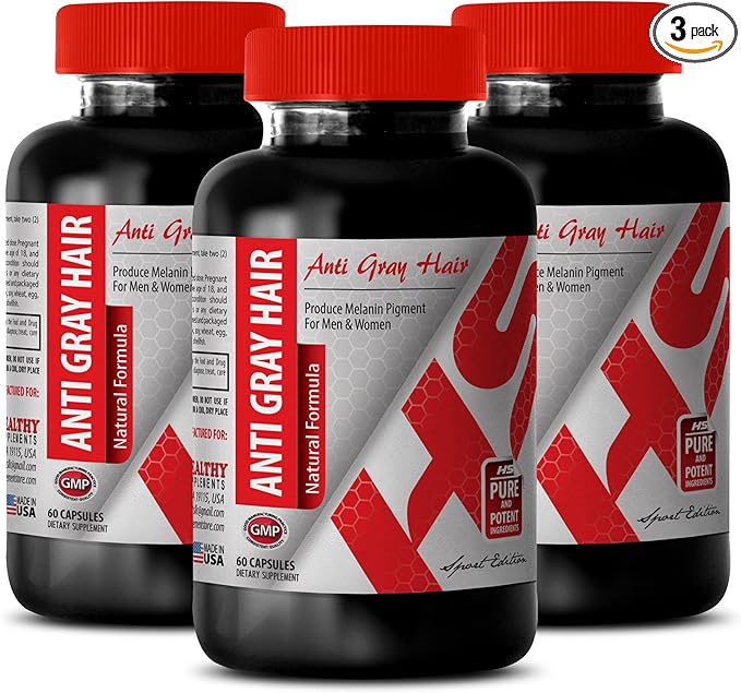 Folic Acid with b12 - Anti Gray Hair Natural Formula - Skin and Nails Support (3 Bottles)