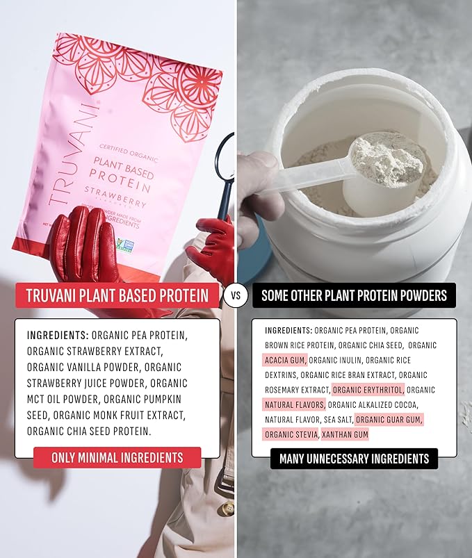 Truvani Vegan Pea Protein Powder | Strawberry | 20g Organic Plant Based Protein | 20 Servings | Keto | Gluten &amp Dairy Free | Low Carb | No Added Sugar