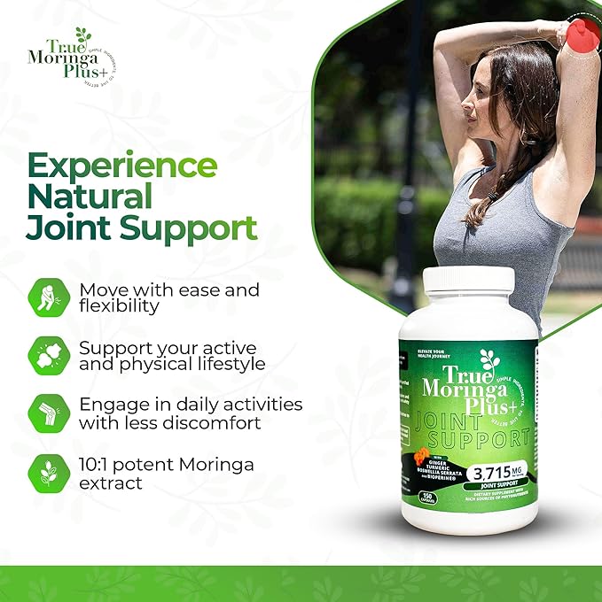 True Moringa Plus+ Joint Support Supplement 10:1 Extract | 20000mg of Organic Moringa Turmeric Curcumin Ginger Boswellia BioPerine | Extra Strength Herbal Antioxidant for Adults (150 Capsules)