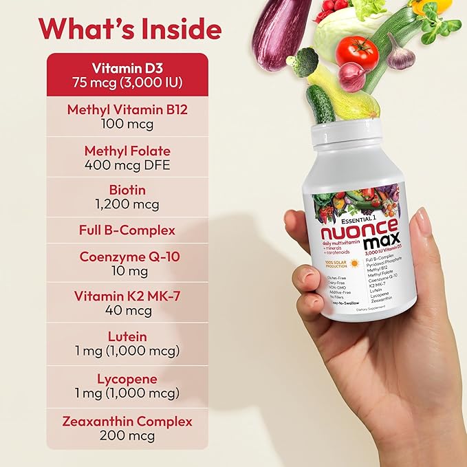 ANDREW LESSMAN Essential-1 nuonce max Multivitamin 3000 IU Vitamin D3 360 Small Capsules. 100 mcg Methyl B12. CoQ10 Lutein Lycopene Zeaxanthin. High Potency. No Additives. Ultra-Mild One Daily Capsule