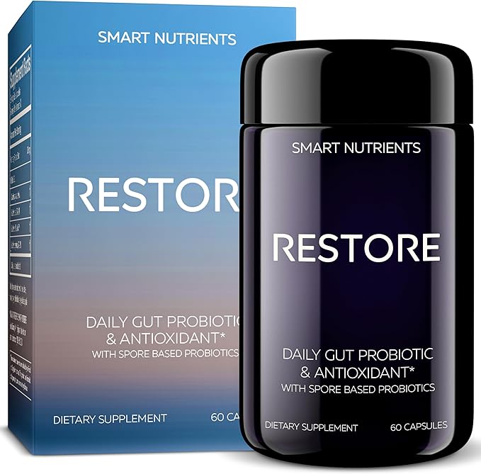 RESTORE | Digestive Probiotics &amp Antioxidant Daily Supplement | Supports IBS &amp Gut Health | 4 Clinically Proven Strains Including 3 Spore-Based Probiotics | 60 Capsules | 30 Day Supply 1-Pack