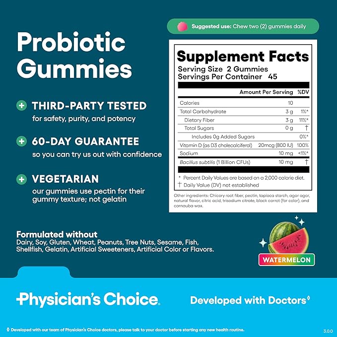 Physician's CHOICE Probiotic Gummies with Vitamin D &amp Prebiotic Fiber - Sugar Free - 1B CFUs of Clinically Studied Probiotic - Supports Immune &amp Gut Health for Women &amp Men - Watermelon Fla