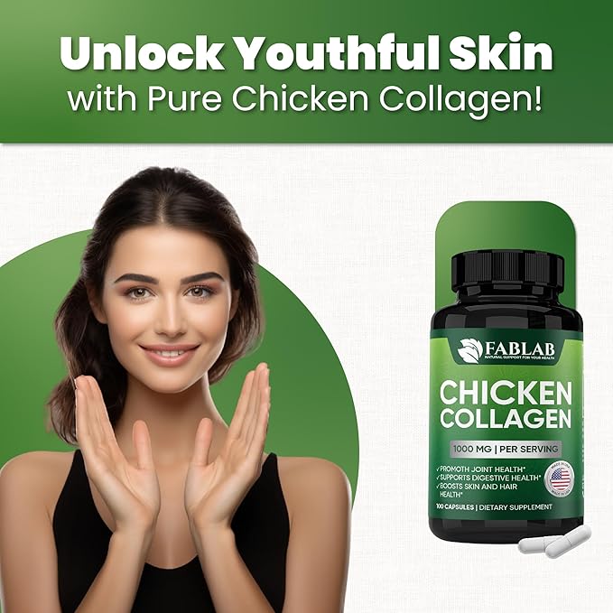 FabLab Chicken Sternum Cartilage Type II Collagen Capsules - Nutritional Supplement for Joints-1000mg per Serving - Non-GMO Anti-Aging Dietary Product with Hydrolyzed Peptides- 100 Capsules