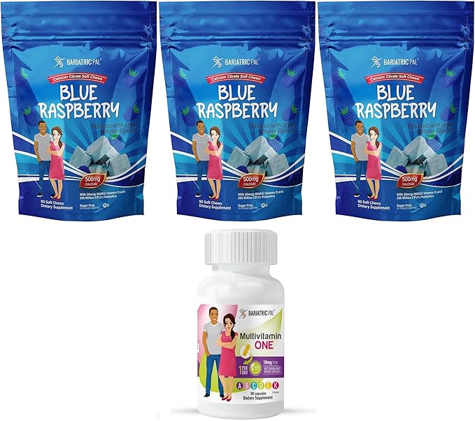 BariatricPal 90-Day Bariatric Vitamin Bundle (Multivitamin ONE 1 per Day! Capsule with 18mg Iron and Calcium Citrate Soft Chews 500mg with Probiotics - Blue Raspberry)