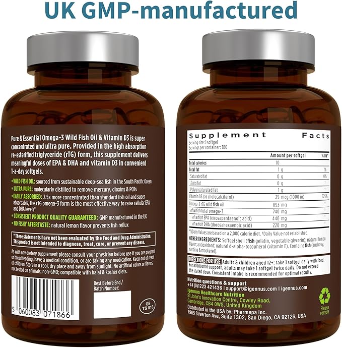 Igennus Advanced rTG Omega-3 IFOS Certified Wild Fish Oil &amp Vitamin D3 1-a-Day Fatty Acids EPA &amp DHA Fast-Acting Triglyceride Form Ultra Pure &amp Non-GMO 180 Softgels