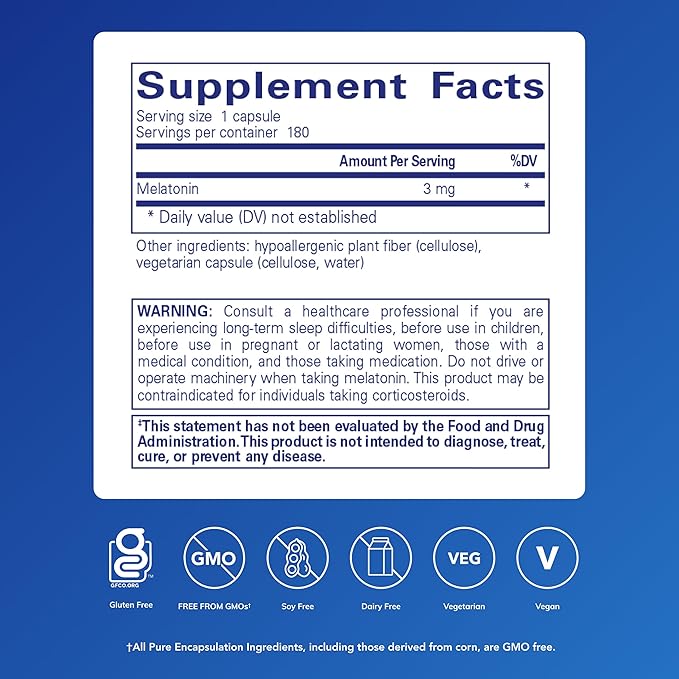 Pure Encapsulations Melatonin 3 mg - Antioxidant Supplement to Support Natural Sleeping &amp Relief of Occasional Sleeplessness - for Natural Sleep Support* - 180 Capsules