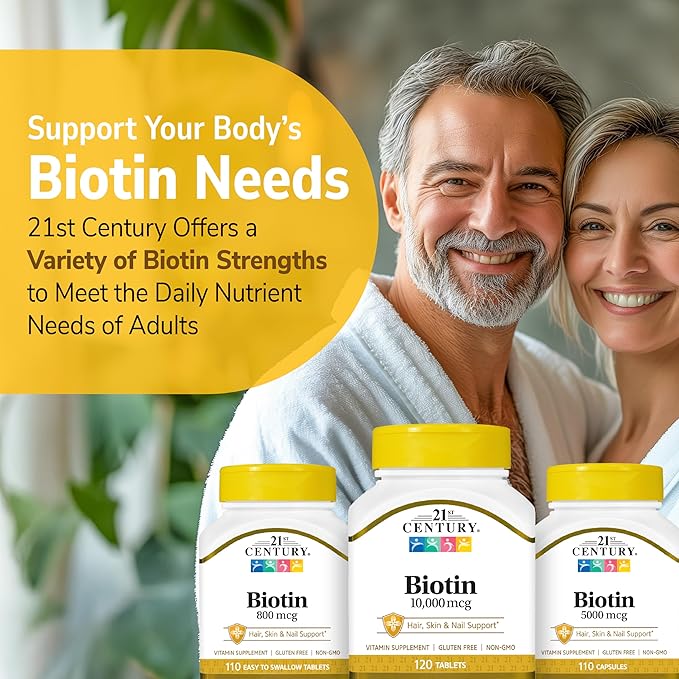 21st Century Biotin 10000 mcg Tablets (360 Count) High Potency Biotin Supplement Supports Hair Skin &amp Nail Health Gluten &amp Sugar-Free Daily Vitamin B7 Supplement Non-GMO