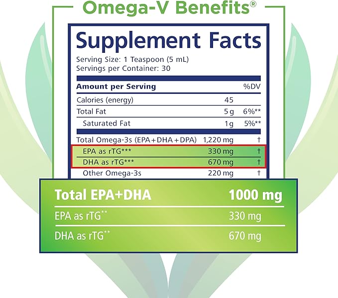 Omega-V Benefits Liquid Omega 3 Supplement - 5 oz 30-Day Supply - Vegan Supplement with 1000mg EPA &amp DHA for Eye Health (Pack of 3)