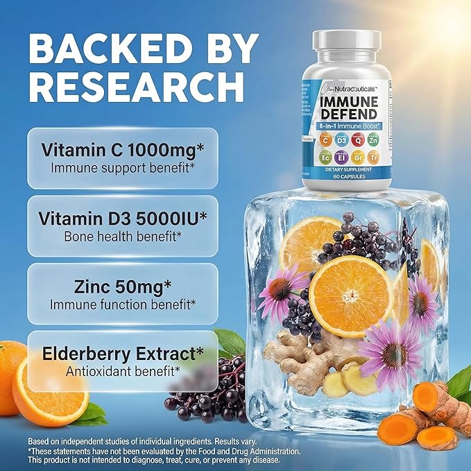 Clean Nutraceuticals Immune Defense Support Supplement 8 in 1 with Zinc 50mg Quercetin VIT C 1000mg Vitamin D3 5000 IU Elderberry Ginger - Immunity System Booster for Adults Vegan - 60 Count