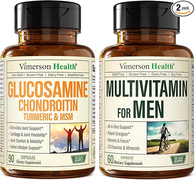 Glucosamine Chondroitin Turmeric MSM + Men’s Multivitamin 2-Bottle Supplement Bundle for Him. Joint Health Inflammatory Response Immune Support Antioxidant Properties