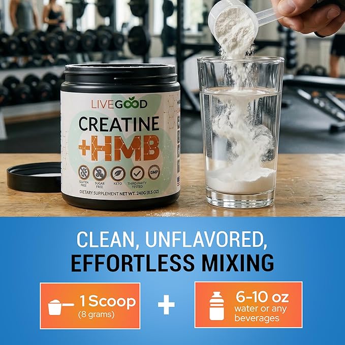 LIVEGOOD Creatine Monohydrate with HMB for Lean Muscle Growth &amp Recovery – HMB Creatine Powder for Men and Women – Unflavored Creatine 30 Servings