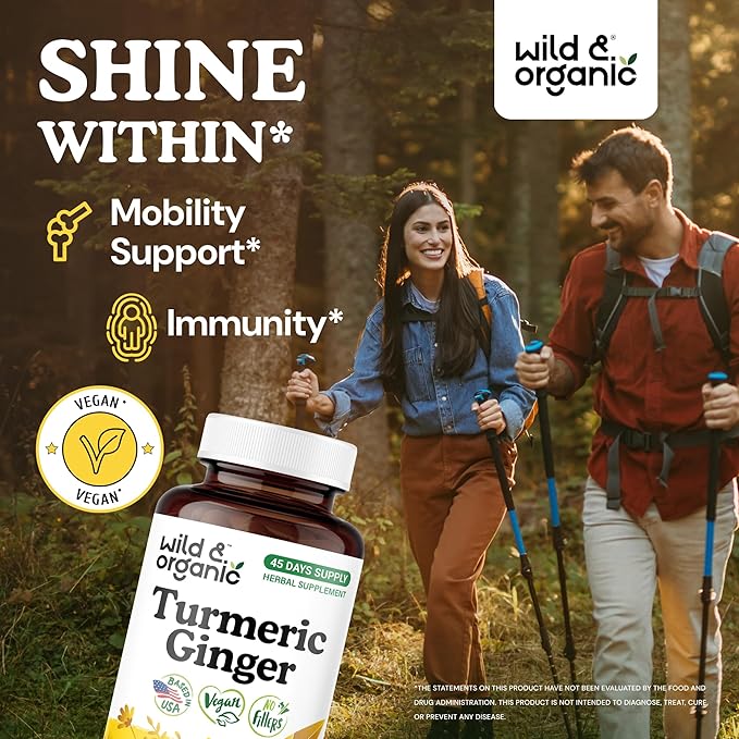 Wild &amp Organic Turmeric and Ginger Supplement Capsules - Mobility &amp Immune Support - Turmeric Ginger Black Pepper Supplement - 45 Days of Supply - Vegan No Fillers Non-GMO - 90 Count