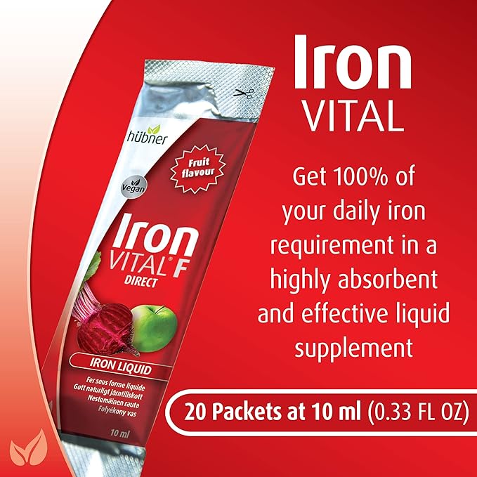hübner Iron Vital Liquid Iron Supply Plus Vitamin C Dietary Supplement for Adults and Kids Vegan and Gluten-Free Fruit Flavor Box of 20 Packets + 2 Extra Packets 10 ml Each