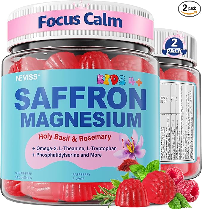 Saffron +Magnesium Glycinate +Omega-3 - Calm Focus Gummies for Kids 4+ Saffron Extract Supplement with L-Theanine Holy Basil Rosemary B6 D3 for Happy Mood Cognition ZZz Sugar Free 2 Pack