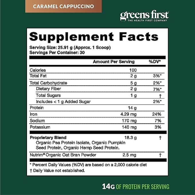 Greens First Dream Protein Plant-Based Vegan Powder - USDA Organic Pumpkin Hemp &amp Pea Protein - Gluten-Free Non-GMO No Added Sugar (Caramel Cappuccino 27.42 oz)