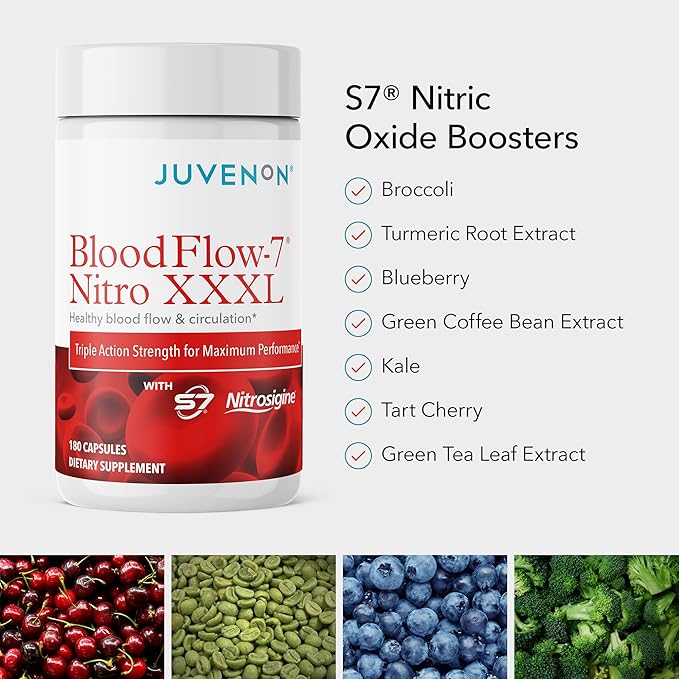 Juvenon BloodFlow-7 XXXL Nitric Oxide Supplements for Men &amp Women - More Powerful Longer Lasting Natural Nitric Oxide Booster with Nitrosigine® + S7® - Blood Flow &amp Circulation Support (1-Pac