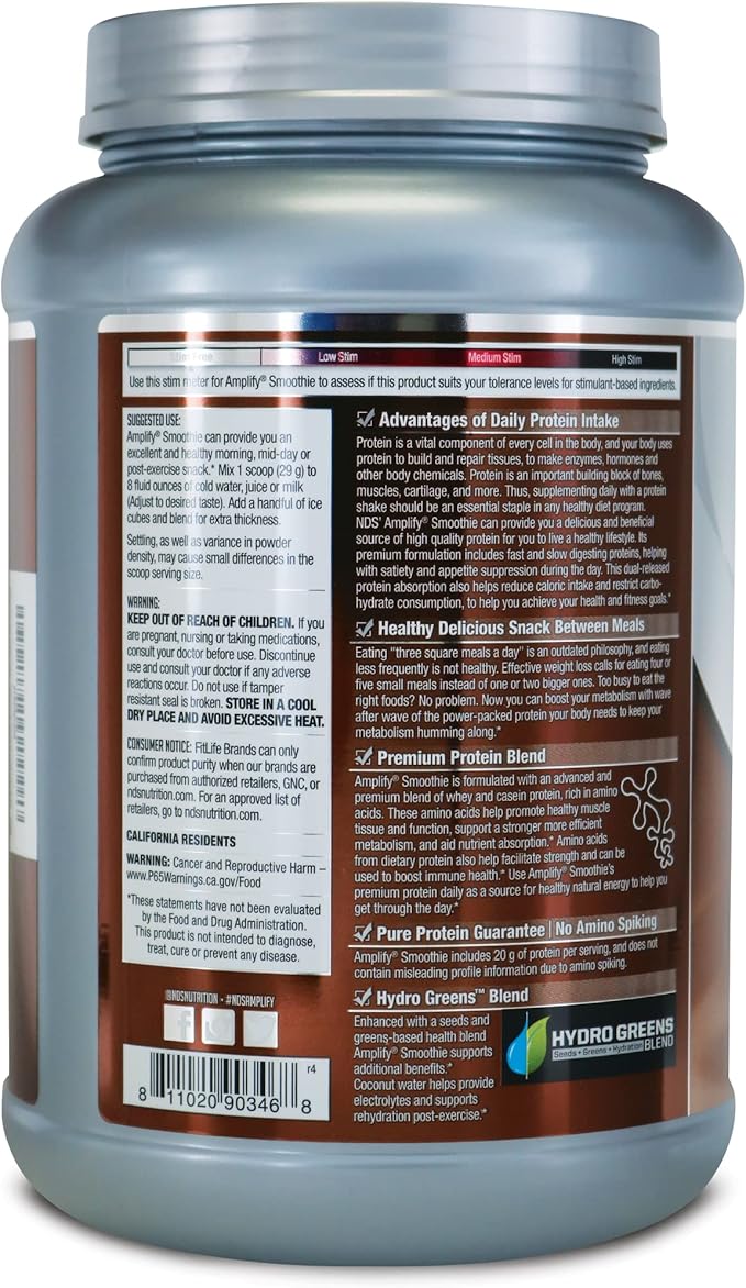 AMPLIFY NDS Nutrition Smoothie Premium Whey Protein Powder Shake with Added Greens and Amino Acids - Build Lean Muscle Gain Strength Lasting Energy and Lose Fat - Double Chocolate (30 Servings)