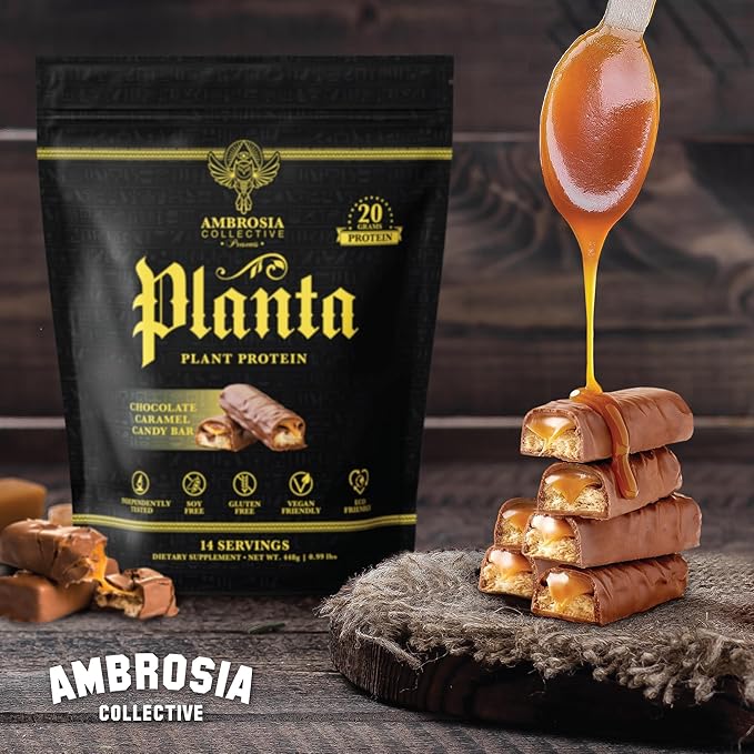 Ambrosia Planta - Premium Plant-Based Protein | Vegan &amp Keto Friendly | Gourmet Flavors with No Bloating or Stomach Upset | Gluten &amp Soy Free | No Added Sugar | 14 Servings | (Candy Bar)