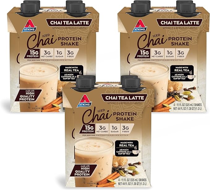 Atkins Energy Shake Creamy Caramel with B Vitamins and Protein Keto-Friendly and Gluten Free 4 Count(Pack of 3) Bundle with Atkins Chai Tea Latte Protein Shake 15g Protein Low Glycemic