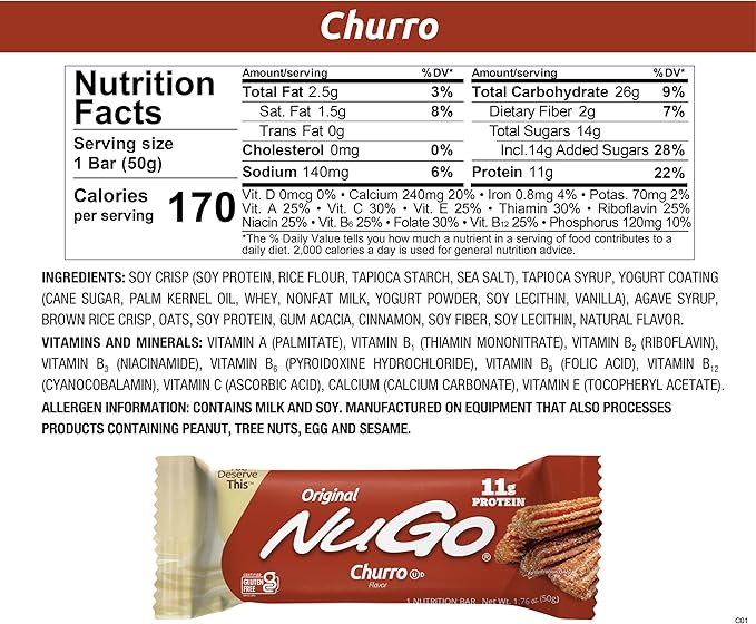 NuGo Protein Bar Churro 11g Protein Gluten Free 15 Count