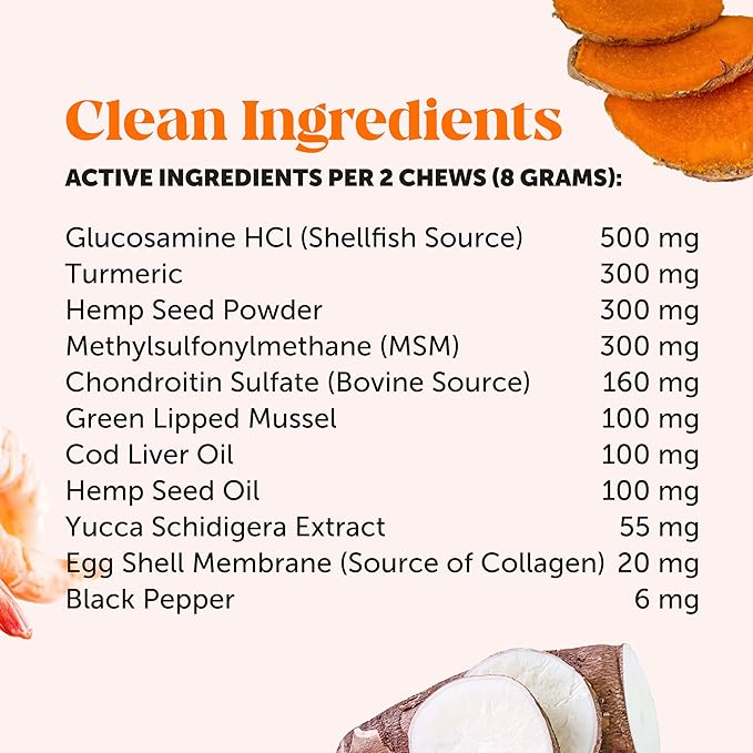 Hemp Hip &amp Joint Supplement for Dogs - Hemp Oil &amp Powder - Glucosamine Chondroitin for Dogs Turmeric MSM Green-Lipped Mussel Supports Mobility May Reduce Discomfort (Bacon)