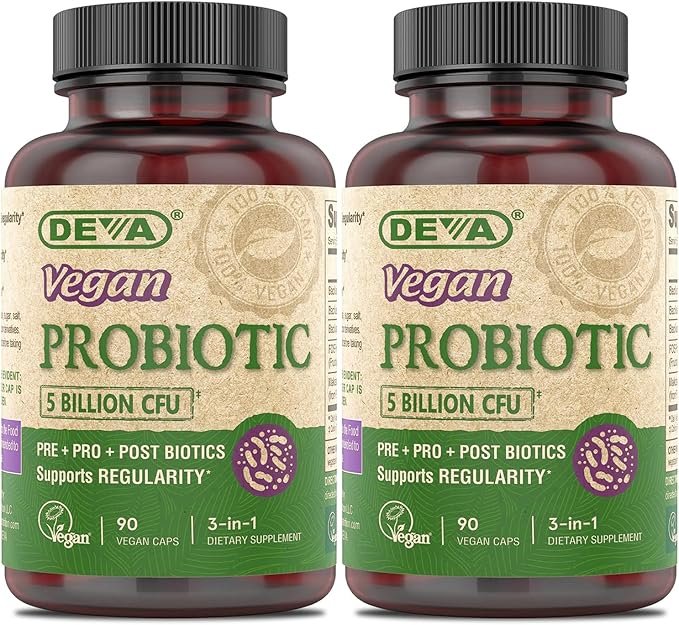DEVA Vegan Probiotic 5 Billion CFU 2-Pack – Dairy-Free FOS Prebiotics Probiotics &amp Postbiotics Digestive Health Gut Support 90 Vegan Caps Ea