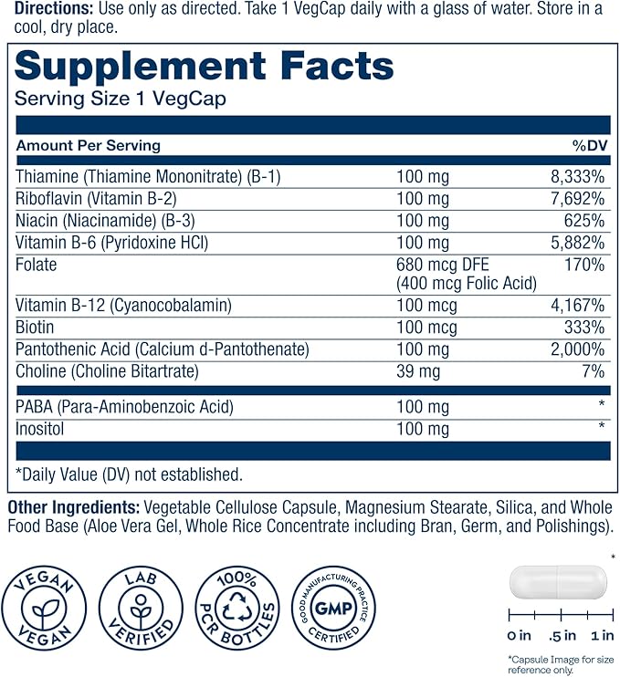 SOLARAY Vitamin B Complex 100mg - Cellular Energy Nerve and Heart Health Support - Supplies All 8 B Complex Vitamins - Vitamin B12 B1 B2 B3 B6 Niacin Folic Acid and Biotin - Vegan 100 Servings