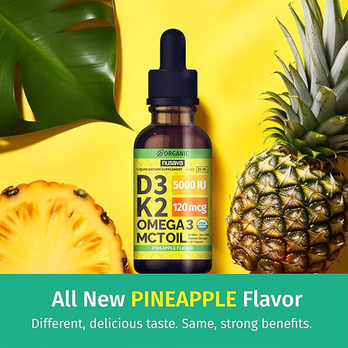 (2 Pack) Organic Vitamin D3 K2 Drops with MCT Oil Omega 3 Maximum Strength Vitamin D Liquid 5000 IU No Fillers Non-GMO Liquid D3 for Faster Absorption and Immune Support (Pineapple 2 Fl Oz)