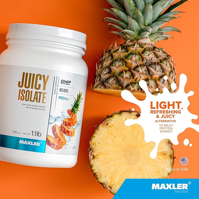 Maxler Juicy Isolate Protein Powder - Clear Whey Isolate - Low Lactose Fat Free Sugar Free Muscle Recovery Drink for Pre &amp Post Workout - Pineapple 1.1lb (20 Servings)