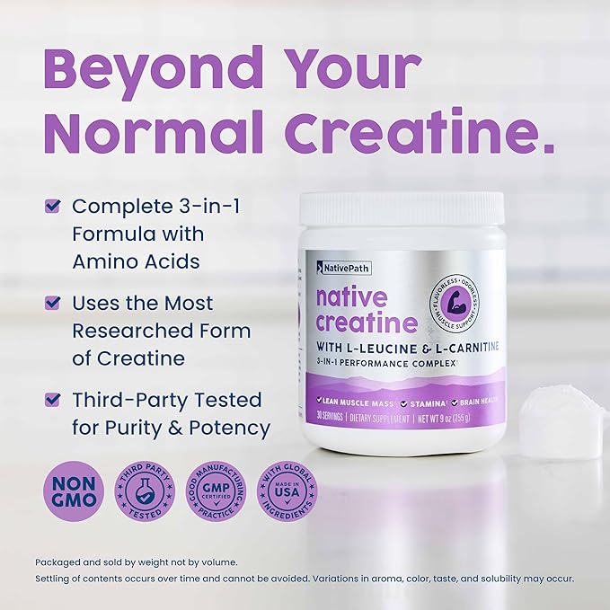 NativePath Creatine Monohydrate Powder with L-Leucine &amp L-Carnitine - Muscle Building Supplement for Men &amp Women - 30 Servings (Pack of 2)