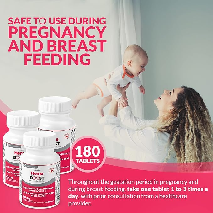 Hemeboost 11.6 mg (232 mg Heme Iron Pills) High Potency Iron Supplement for Women &amp Men High Absorption &amp Gentle on Stomach Safe for Use in Pregnancy 180 Tablets (Pack of 3)