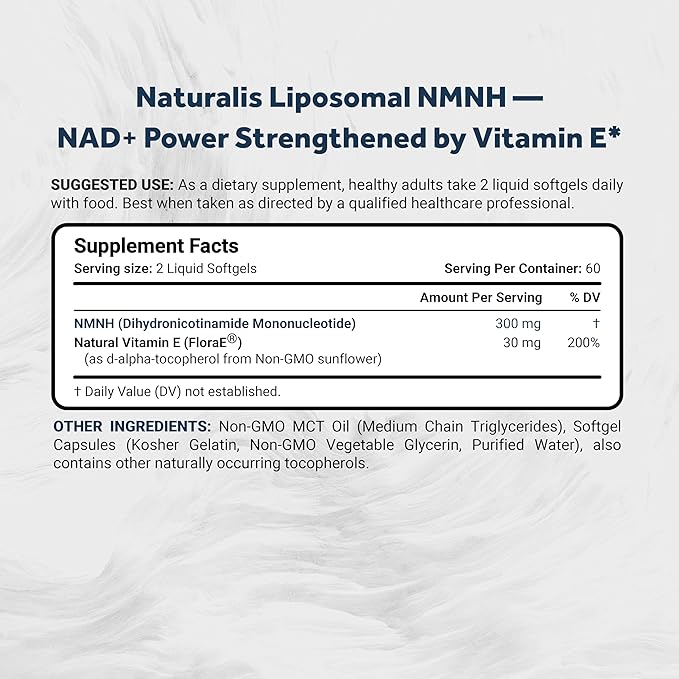 Naturalis Liposomal NMNH 300mg (NMN Alternative) | Boost NAD+ Levels &amp Support Healthy Aging* | Bioenhanced with Vitamin E for Advanced Absorption Stability &amp Antioxidant Protection* | 120 So