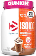 Dymatize x Dunkin' Mocha Latte ISO100 Whey Protein Powder 95mg Caffeine 25g of Protein 20 Servings 5.5g BCAAs 120 Cal. Gluten Free 1g Fat 1g Sugar 3g Carb