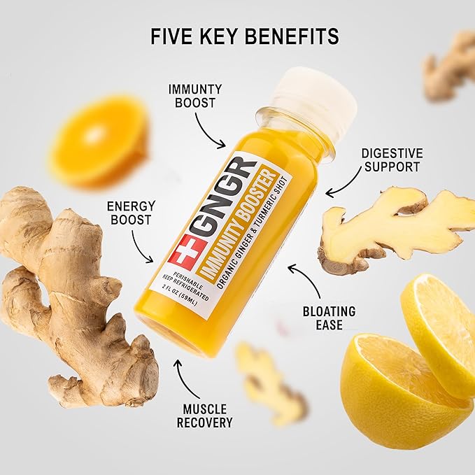 +GNGR Immunity Booster – Organic Cold-Pressed Ginger &amp Turmeric Shots with Orange Lemon &amp Cayenne. High-Absorption Curcumin. Ginger Shot for Immune &amp Digestive Support. 2 fl oz Bottles (1