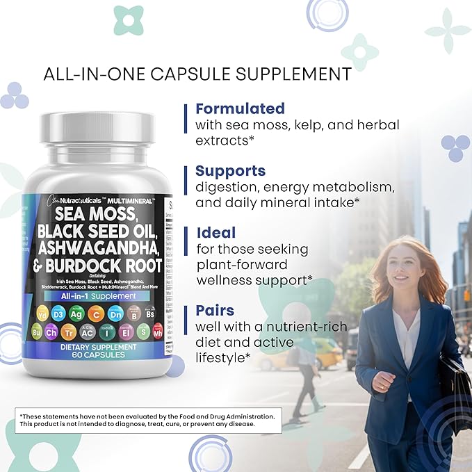 Clean Nutraceuticals Sea Moss Black Seed Oil Ashwagandha Turmeric Bladderwrack Burdock &amp Vitamin C Vitamin D3 with Elderberry Manuka Dandelion Yellow Dock Iodine Chlorophyll ACV - 2Pack (Pack of 2