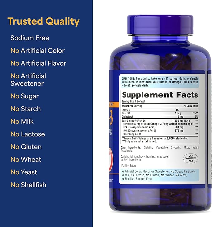 Puritan's Pride Triple Strength Omega-3 Fish Oil 1400mg Active Omega-3 950mg Dietary Supplement for Heart Joint and Cellular Health Support 240 Rapid Release Softgels (Packaging May Vary)