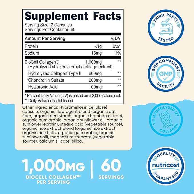 Nutricost BioCell Collagen (1000mg) 120 Capsules - Hydrolyzed Type II Collagen Supplement GMO-Free Gluten-Free 60 Servings