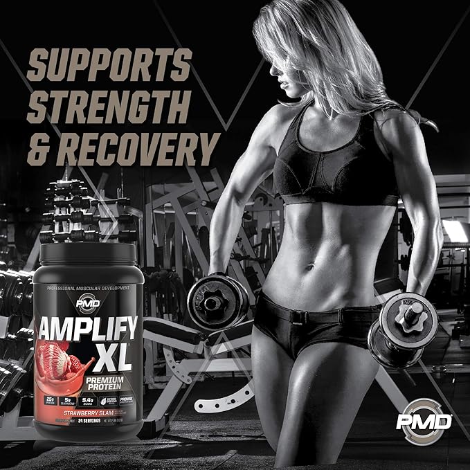 PMD Sports Amplify XL Premium Whey Protein Supplement Hydro Greens Blend - Glutamine and Whey Protein Matrix with Superfood for Muscle Strength and Recovery - Strawberry Slam (24 Servings)