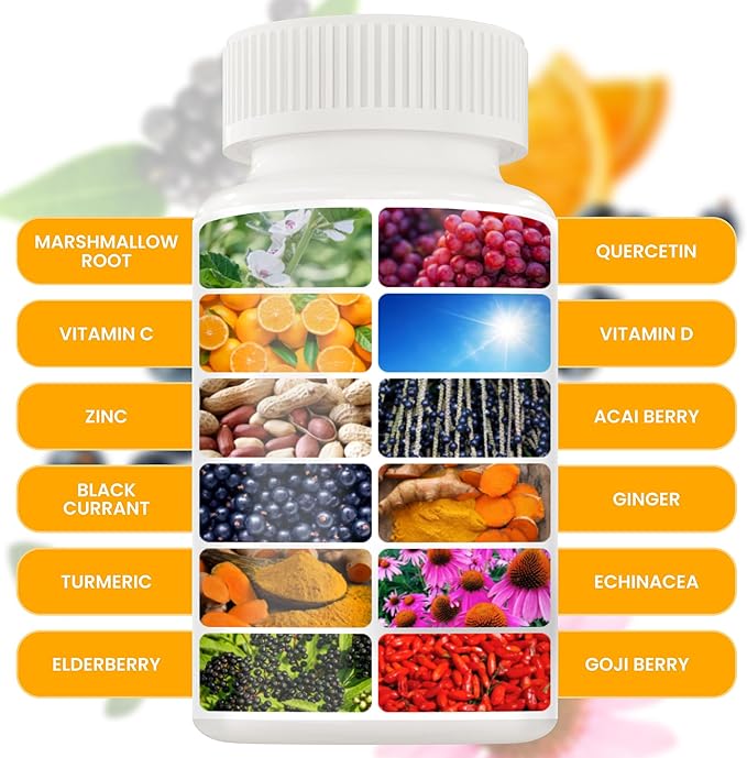 12 in 1 Immune Defense Vitamins - Immune Support Supplement w/VIT D3 Vitamin С Zinс Echinacea Elderberry Ginger &ampMore - Natural Immunity System Booster - Immune &amp Muscle Health 120cs