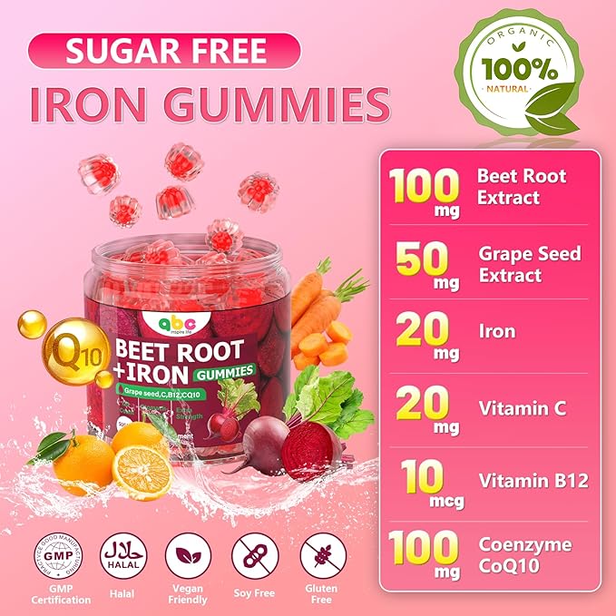 Beet Root Gummies 100mg – Red Beet Chewables with Grape Seed CoQ10 Vitamin C Iron &amp B12 – Supports Energy Metabolism &amp Healthy Circulation – Sugar Free Supplement for Women &amp Men 120 C