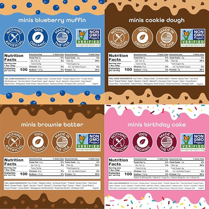 FEEL Kids Protein Bars Minis | Variety Pack | 10g Plant Protein | 100 Calories | No Added Sugar | Daily Veggies | Gluten Free No Nuts No Soy No Dairy No Grains (Pack of 12)